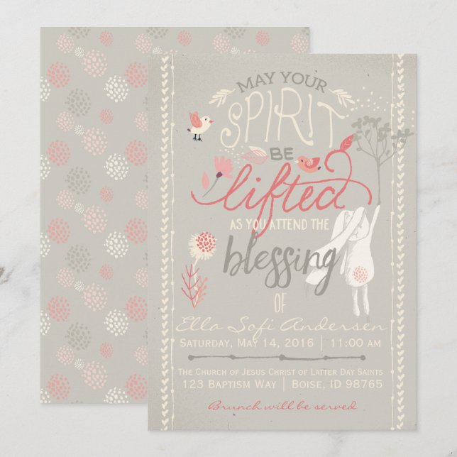 LDS BABY BLESSING INVITATION | Floral Girl Bunny (Front/Back)