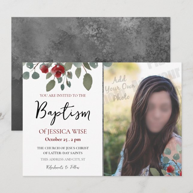 LDS Baptism Girl Watercolor Roses Floral Invitation (Front/Back)