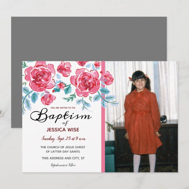 LDS Baptism Girl Watercolor Roses Floral Invitation (Front/Back)