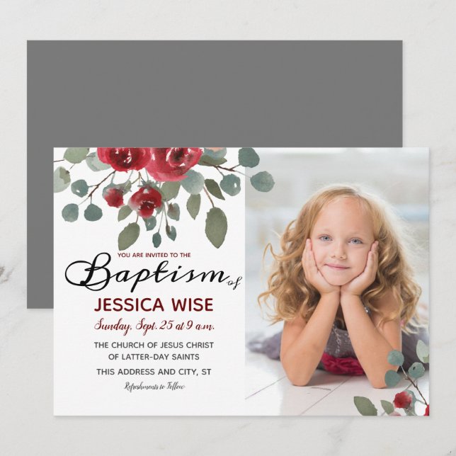 LDS Baptism Girl Watercolor Roses Floral Invitation (Front/Back)