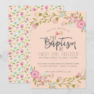 LDS BAPTISM INVITATION   Elegant Pink Floral Girl