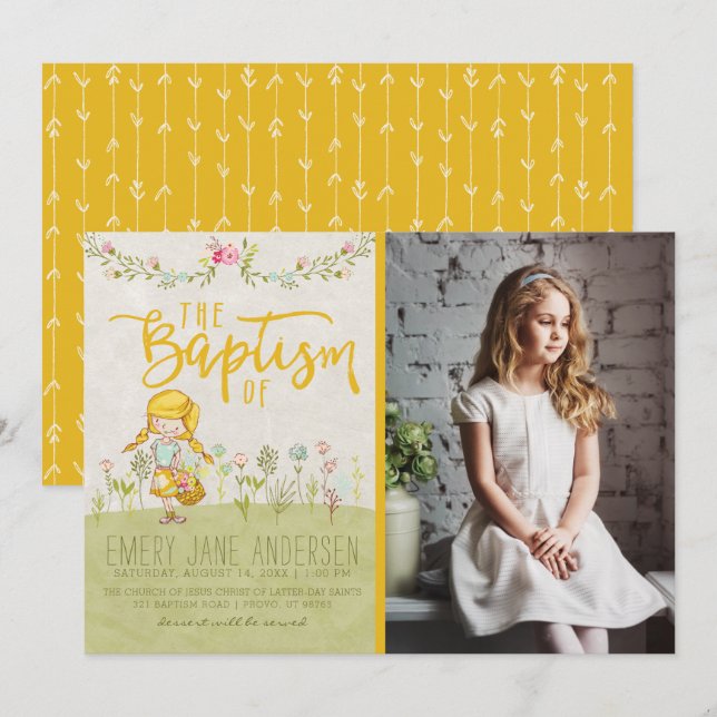 LDS BAPTISM PHOTO INVITATION | Cute Floral Girl (Front/Back)
