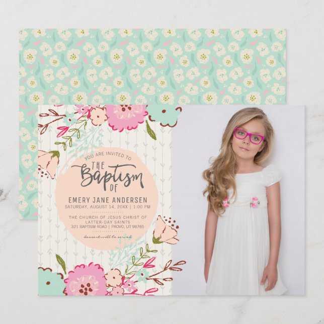 LDS BAPTISM PHOTO INVITATION | Elegant Floral Girl (Front/Back)