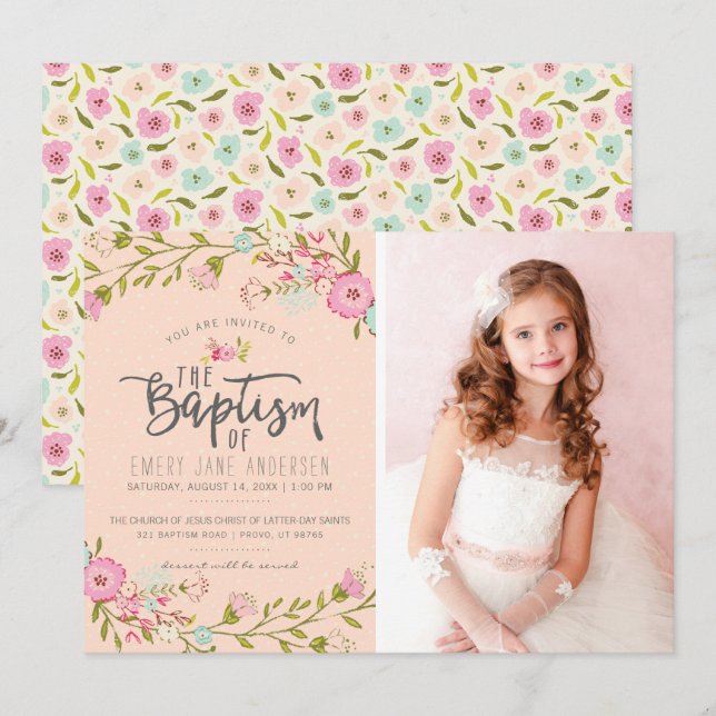 LDS BAPTISM PHOTO INVITATION | Elegant Pink Girl (Front/Back)