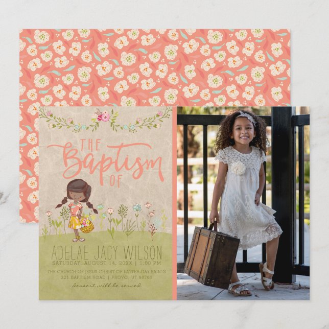 LDS BAPTISM PHOTO INVITATION | Vintage Floral Girl (Front/Back)