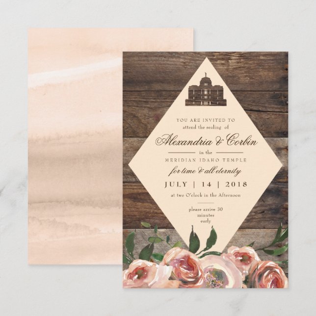 LDS TEMPLE SEALING CARD | Rustic Wood Blush Floral (Front/Back)