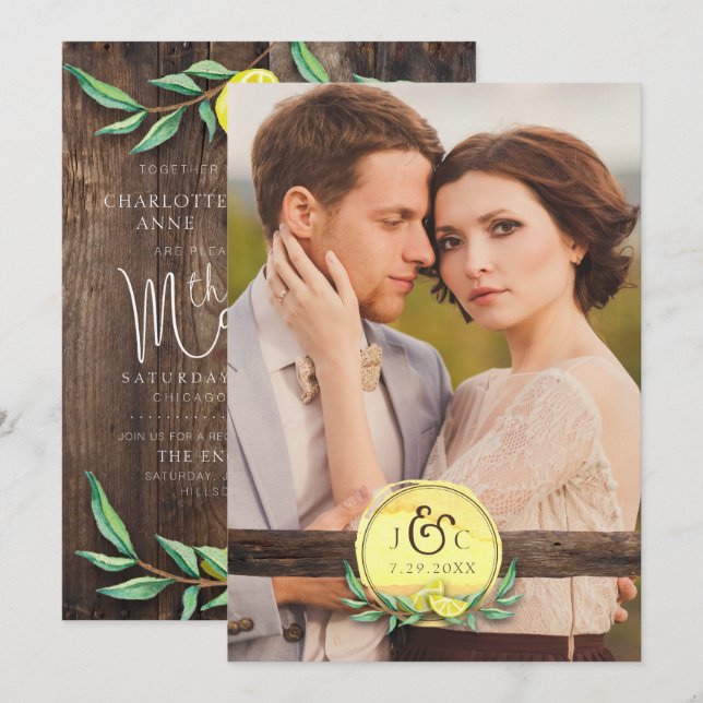 LDS TEMPLE WEDDING INVITATION | Rustic Wood Lemon (Front/Back)
