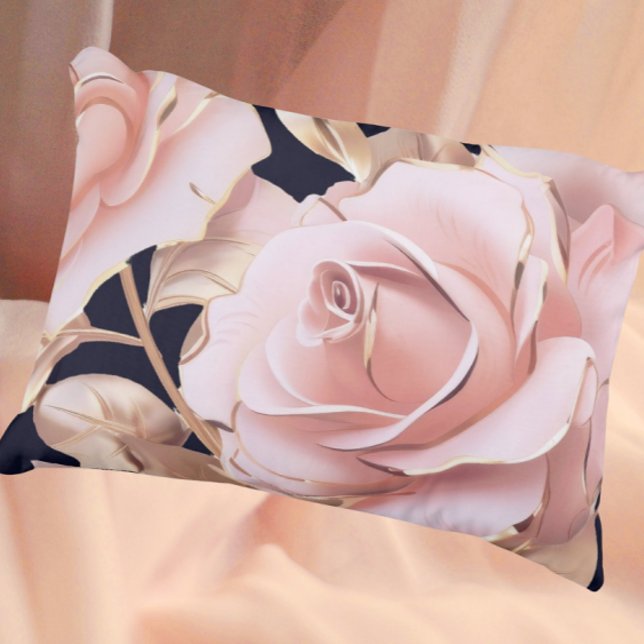 Le Boudoir Noir Peachy Pink Roses on Black Decorative Cushion (Peach pink gold on black is stunning!)