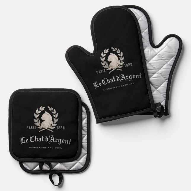 Le Chat d'Argent Executive Chef Oven Mitts | Frenc Mitt & Pot Holder Set (Front/Back)