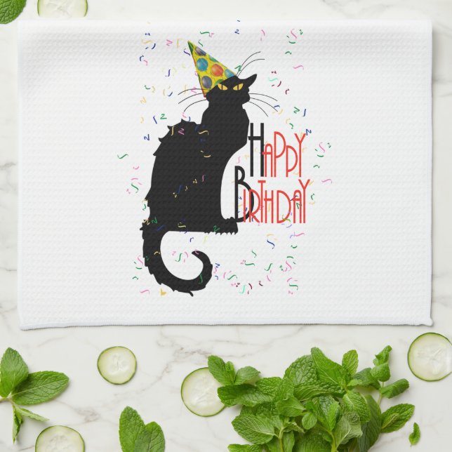Le Chat Noir Happy Birthday Tea Towel (Folded)