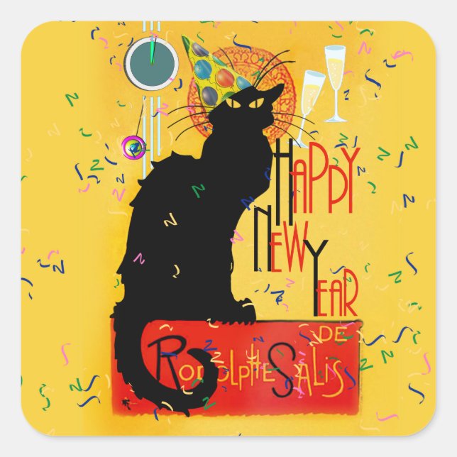 Le Chat Noir Happy New Year Party Square Sticker (Front)