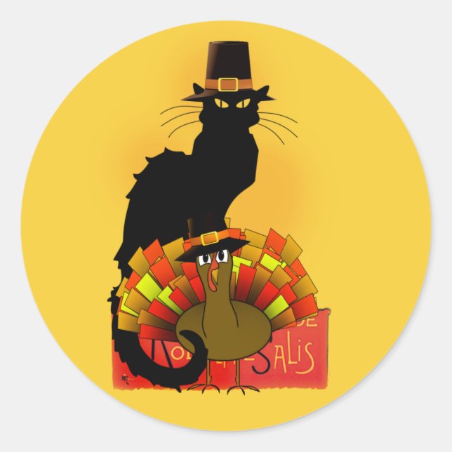 Le Chat Noir Thanksgiving and Pilgrim Turkey Classic Round Sticker (Front)