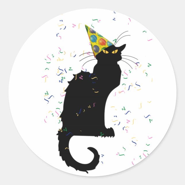 Le Chat Party Hat & Confetti Classic Round Sticker (Front)
