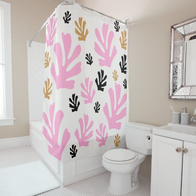 Le Jardin 01 Botanical Pink And Gold Modern Leaves Shower Curtain (In Situ)
