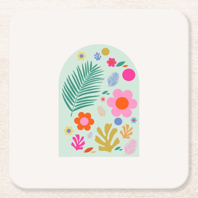 Le Jardin 03 Abstract Floral Green Pink Flowers Square Paper Coaster (Front)