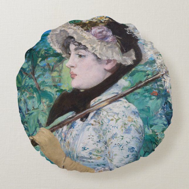 Le Printemps Manet Immpressionist Art Painting Round Cushion (Back)