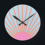 Le Soleil 02 Retro Sun Pink And Blue Sunshine Round Clock<br><div class="desc">Sun Print – Pink And Blue – Sunshine,  Modern Abstract Geometric Sunrise – Le Soleil.</div>