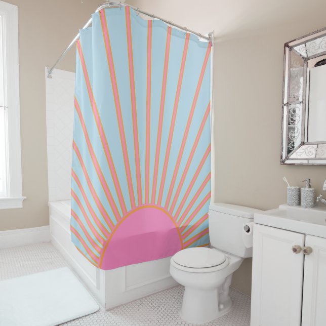 Le Soleil 02 Retro Sun Pink And Blue Sunshine Shower Curtain (In Situ)