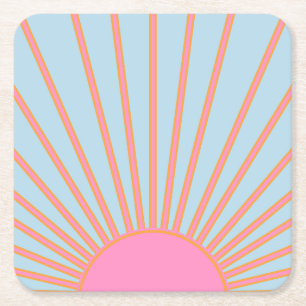 Le Soleil 02 Retro Sun Pink And Blue Sunshine Square Paper Coaster