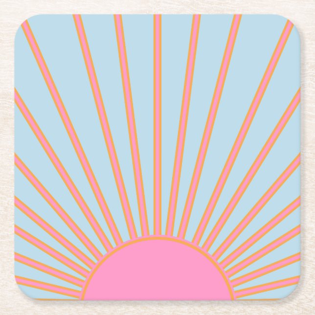 Le Soleil 02 Retro Sun Pink And Blue Sunshine Square Paper Coaster (Front)