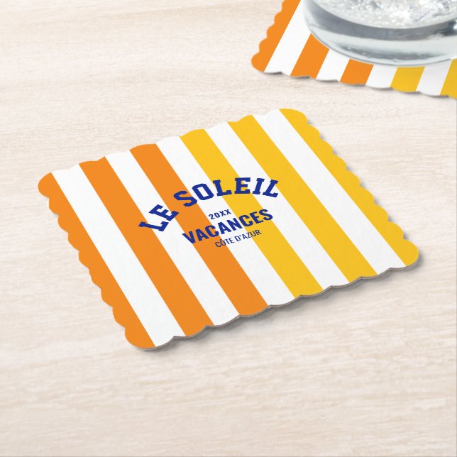 Le Soleil Vacances Côte d'Azur Cabana Stripe Paper Coaster (Angled)