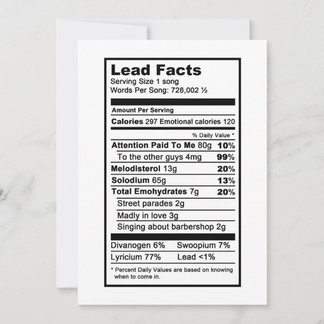 Lead singer "Nutritional Information Label" Card (Front)