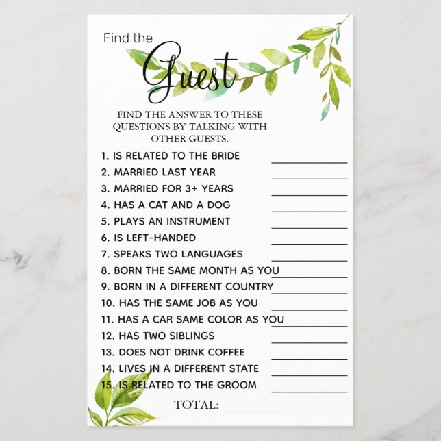 Leads Find the Guest Bridal shower game card (Front)