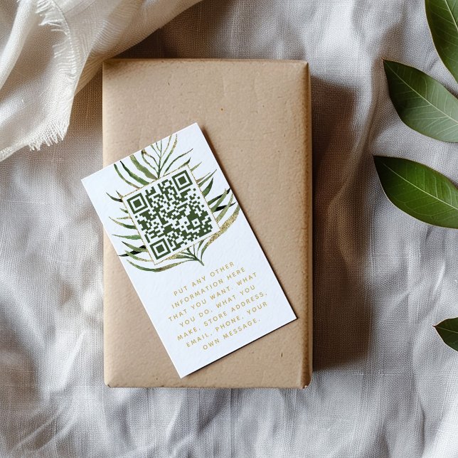 Leaf and QR Code insert Card for customer orders. (Customer order insert card with a green and gold palm leaf with qr code inside and message below)