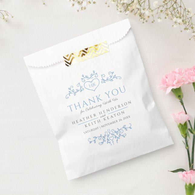 Leaf art heart monogram blue wedding thank you favour bags (Sealed)