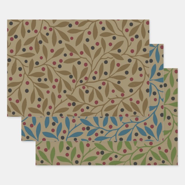 Leaf Berry Classic Colourful Pretty Pattern Art Wrapping Paper Sheet (Set)