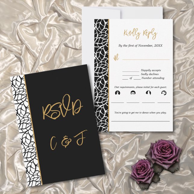 Leaf Border Black & White Wedding Menu Music RSVP  (Leaf Border Black & White Wedding Menu Music RSVP )