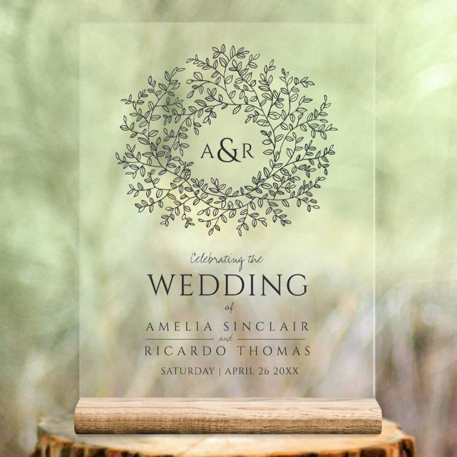 Leaf circle line art wedding dark grey and white  acrylic sign (Creator Uploaded)