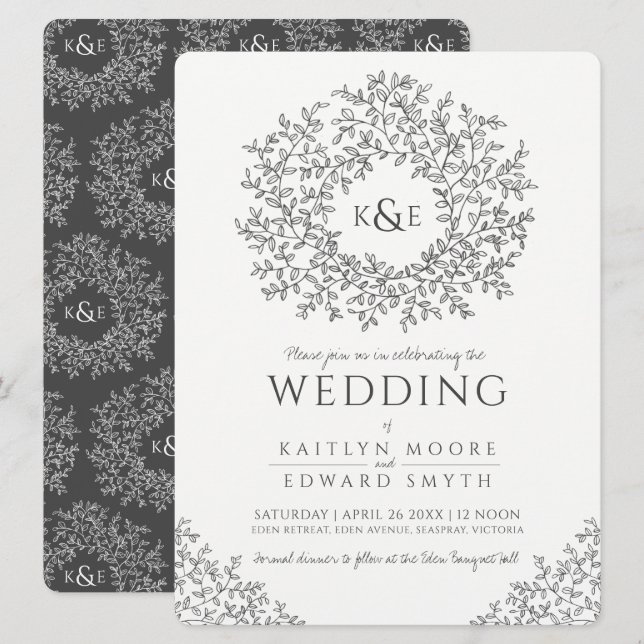Leaf circle line art wedding dark grey and white invitation (Front/Back)