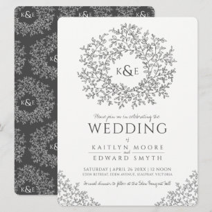 Leaf circle line art wedding dark grey and white invitation