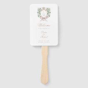 Leaf Crest Monogram Tan Bow Wedding Program Hand Fan