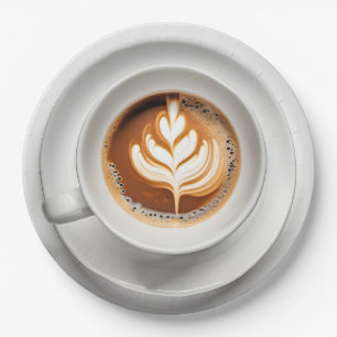 Leaf Design Cappuccino In White Cup Paper Plate