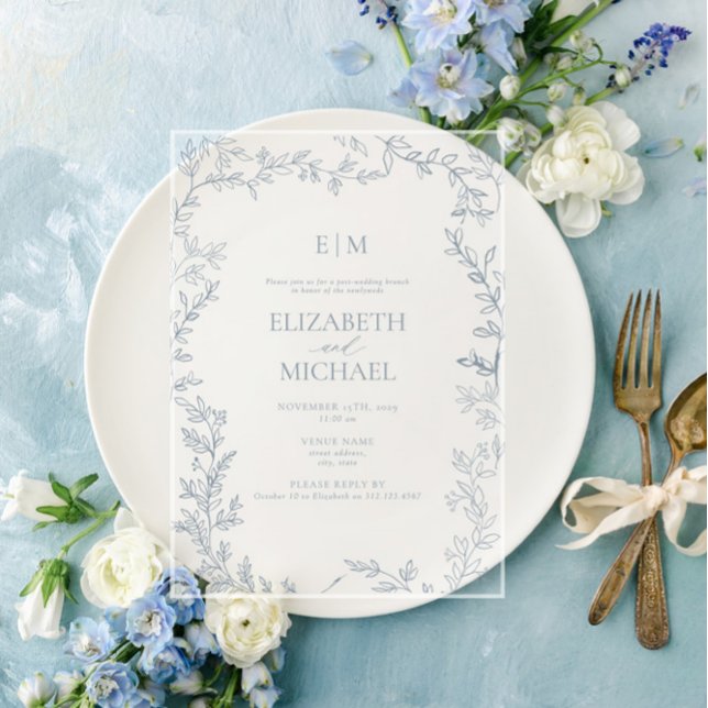 Leaf Dusty Blue Monogram Post Wedding Brunch Acrylic Invitations (Creator Uploaded)