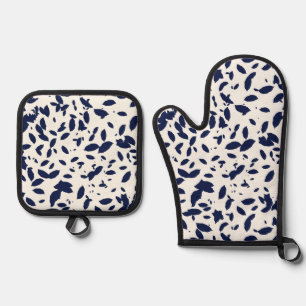 Leaf Fall Navy White Silver Quilted Oven Mitt & Pot Holder Set