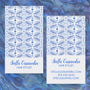 Leaf Feather Blue White Modern Tile Pattern Business Card