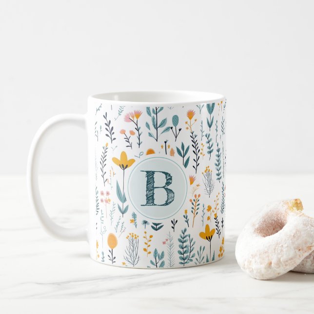 Leaf Floral Pattern Alphabet Coffee Mug (With Donut)