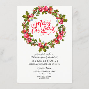 Leaf Floral Wreath Red Christmas Party Invite