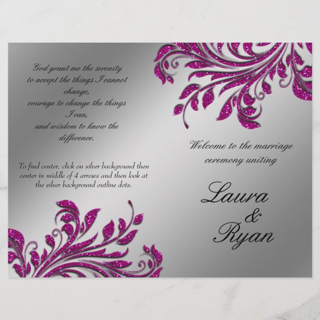 Leaf Flower Wedding Program Silver Pink Glitter (Front)