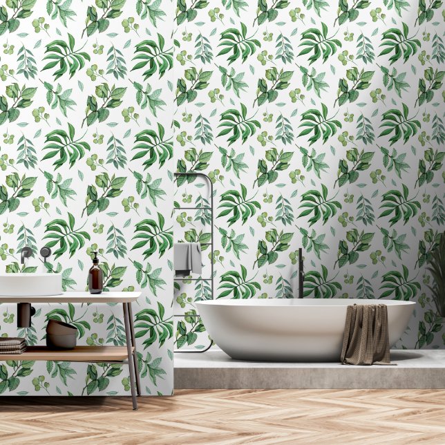 Leaf foliage greenery woodland forest green white wallpaper (Bathroom)