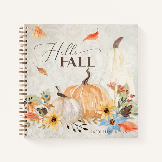 Leaf Foliage Hello Fall Pumpkin Floral Watercolor Notebook (Front)