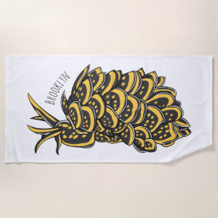 Leaf gilled sea slug cartoon illustration beach towel
