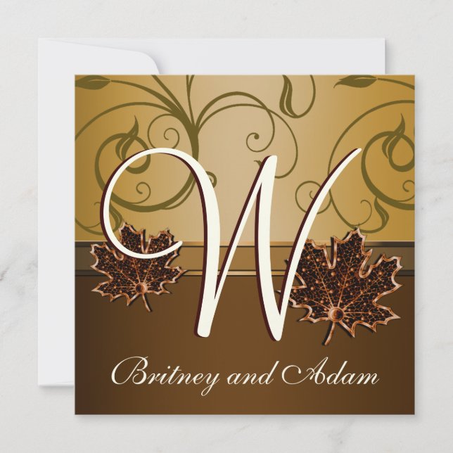 Leaf Gold Chocolate Brown Fall Wedding Invitations (Front)