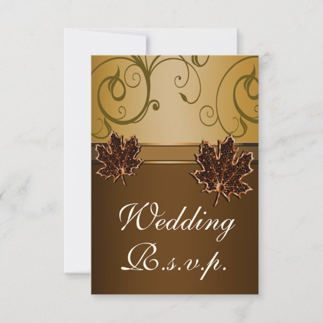 Leaf Gold Chocolate Brown Fall Wedding RSVP Cards (Front)