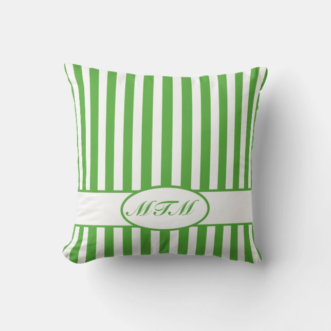 Leaf Green Autumnal Stripes with monogram Cushion (Front)