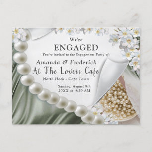 Leaf-Green Silk & Ivory Pearls Engagement Invitation Postcard