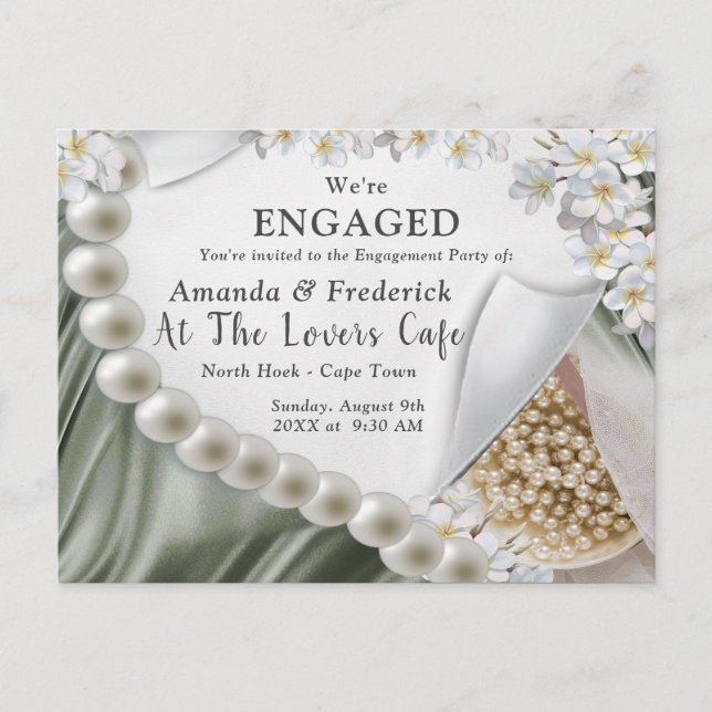 Leaf-Green Silk & Ivory Pearls Engagement Invitation Postcard (Front)